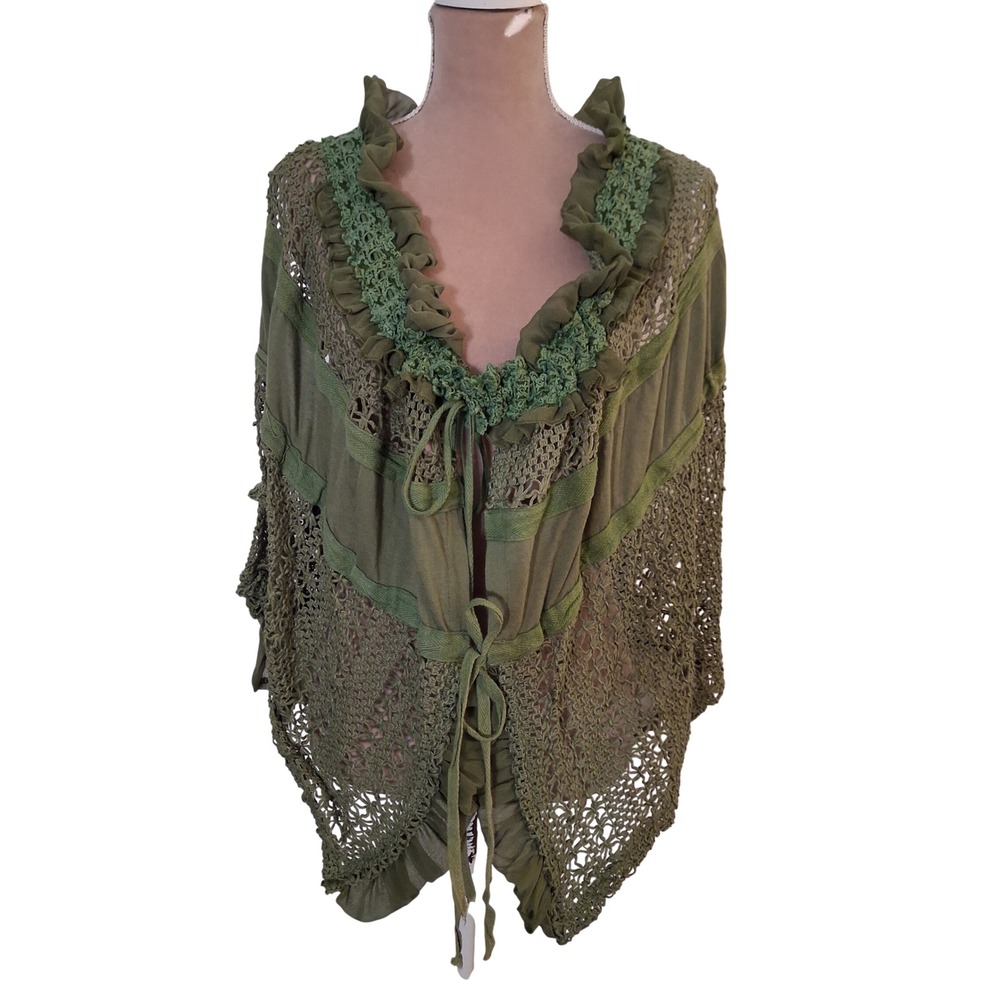 Pretty Angel Olive Green Crochet Ruffle Boho Tie Front Vest Large Forest Fairy